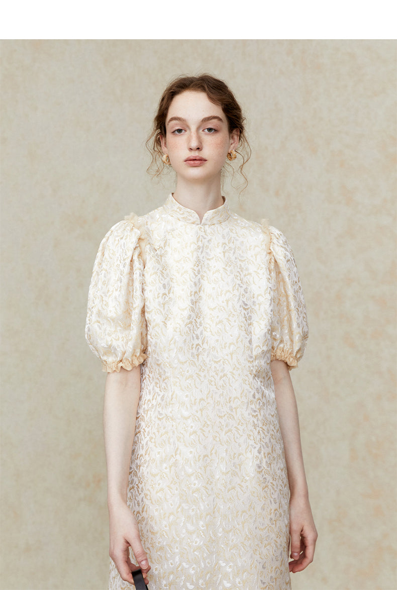 Stand_Collar_Puff_Sleeve_Side_Split_Midi_Dress_5