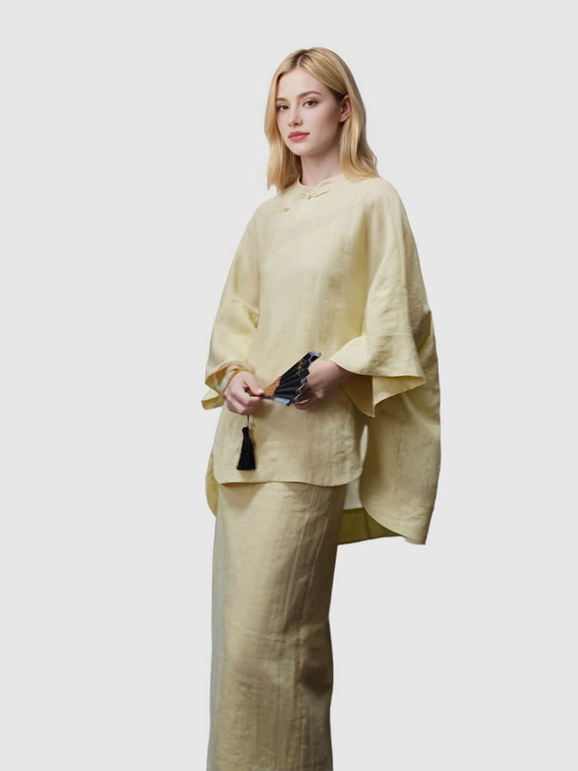 Stand_Collar_Side_Placket_Three-Quarter_Sleeve_Top_and_Skirt_Set_1