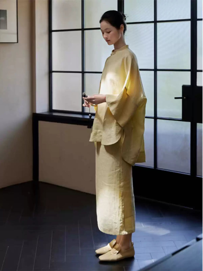 Stand_Collar_Side_Placket_Three-Quarter_Sleeve_Top_and_Skirt_Set_2