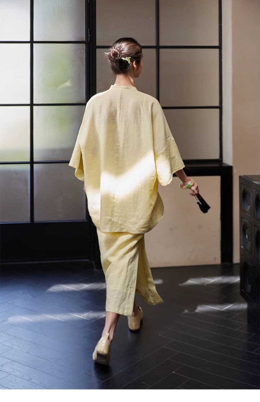 Stand_Collar_Side_Placket_Three-Quarter_Sleeve_Top_and_Skirt_Set_3