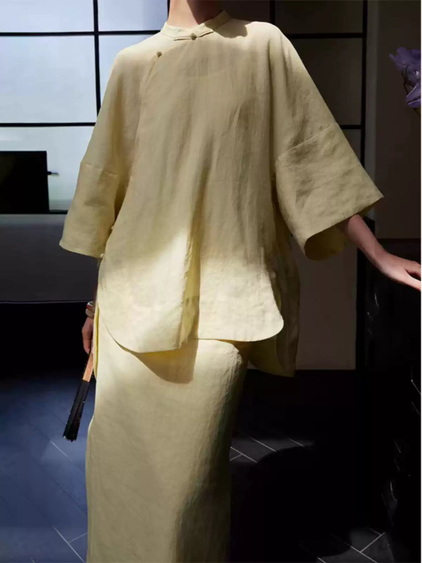 Stand_Collar_Side_Placket_Three-Quarter_Sleeve_Top_and_Skirt_Set_4