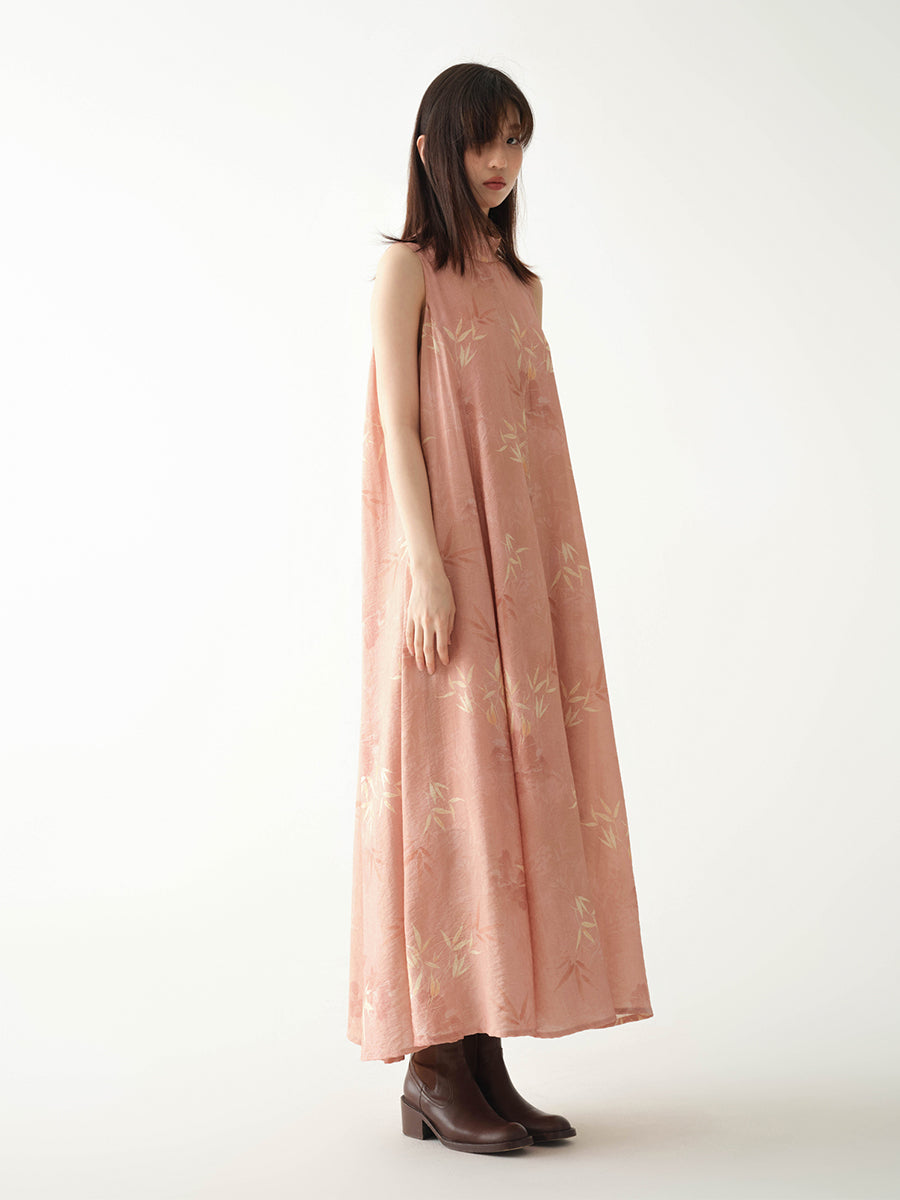 Stand_Collar_Sleeveless_Bamboo_Printed_Loose_Maxi_Dress_11