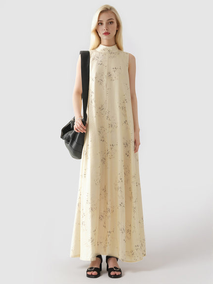 Stand_Collar_Sleeveless_Bamboo_Printed_Loose_Maxi_Dress_1