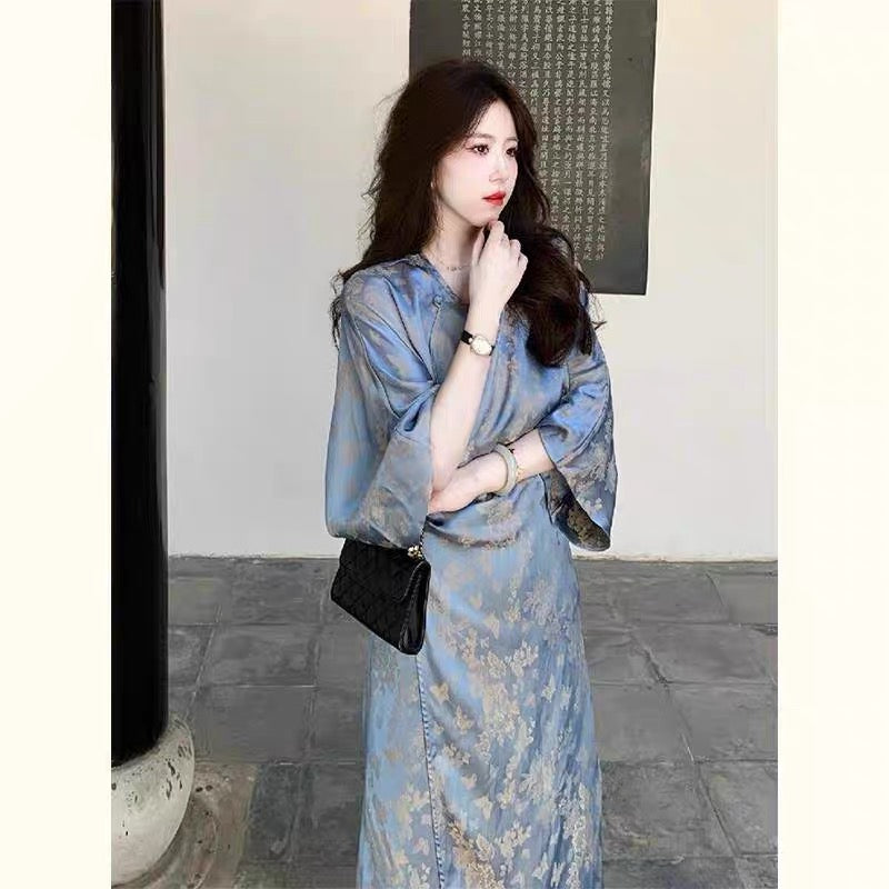 Three-Quarter Sleeve Cheongsam A-line High Waist Dress 1