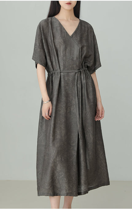 V-neck_Tencel_Linen_Jacquard_Lace-up_Dress_6