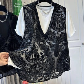 Velvet Jacquard Sleeveless Vest and Wide-leg Pants Set 11