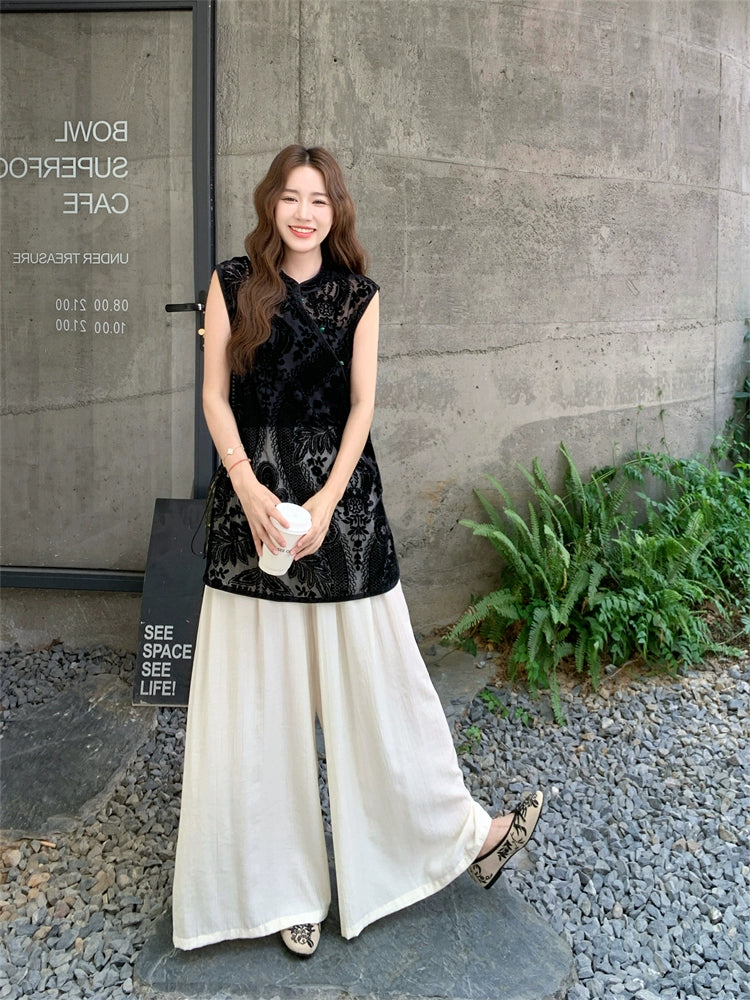 Velvet Jacquard Sleeveless Vest and Wide-leg Pants Set 2