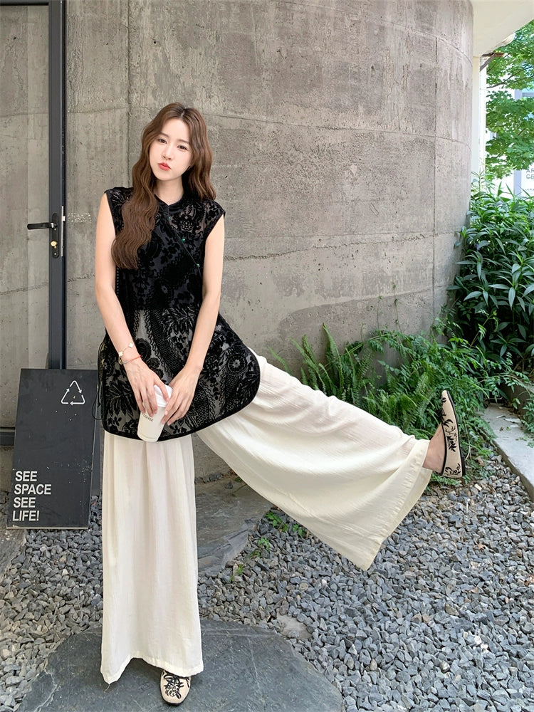 Velvet Jacquard Sleeveless Vest and Wide-leg Pants Set 4