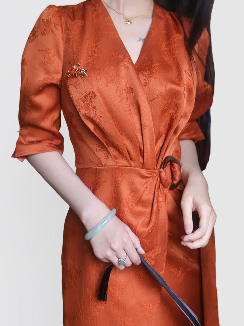 Vintage_Embossed_Jacquard_V-Neck_Lace-Up_Dress_11