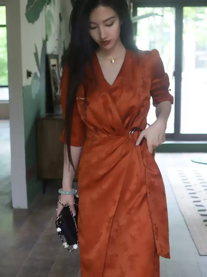 Vintage_Embossed_Jacquard_V-Neck_Lace-Up_Dress_2