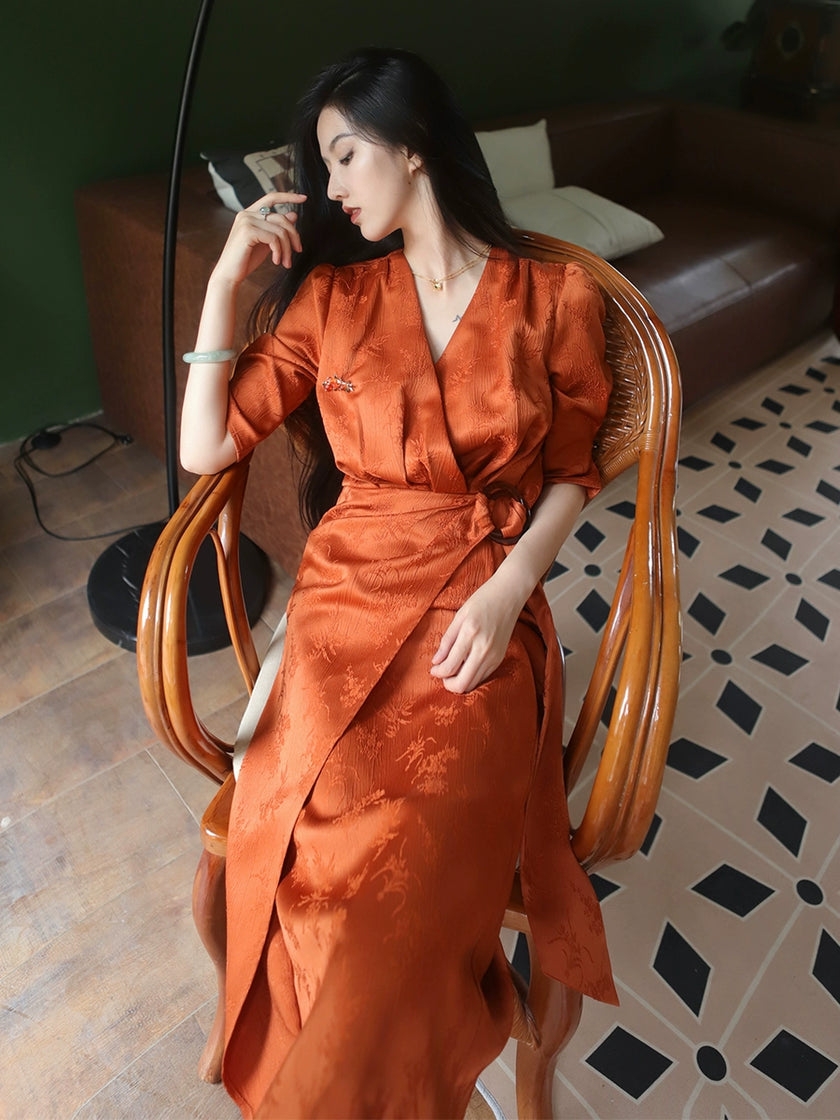 Vintage_Embossed_Jacquard_V-Neck_Lace-Up_Dress_3