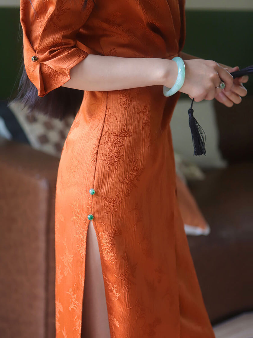 Vintage_Embossed_Jacquard_V-Neck_Lace-Up_Dress_4