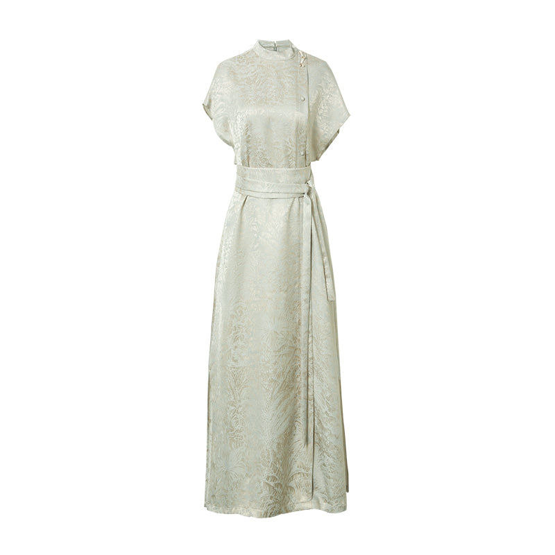 Waist-cinching Belt Textured Dark Pattern A-line Dress 5