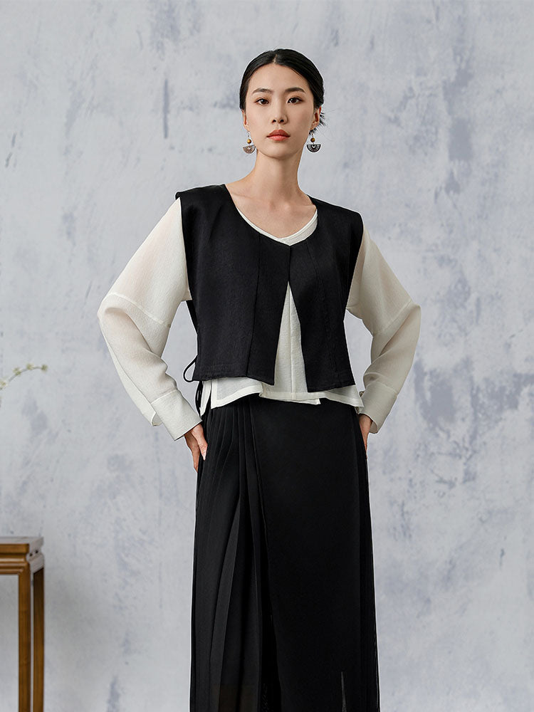 [YanBoHeYing] Gilet à lacets double face de couleur unie