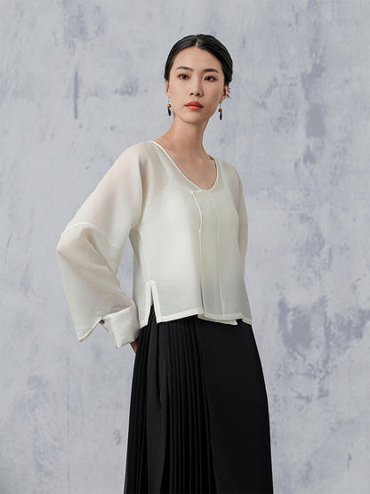 [YanBoHeYing] Solid Color Round Neck Side Slit Top