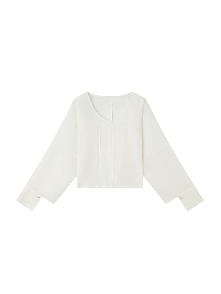 [YanBoHeYing] Solid Color Round Neck Side Slit Top