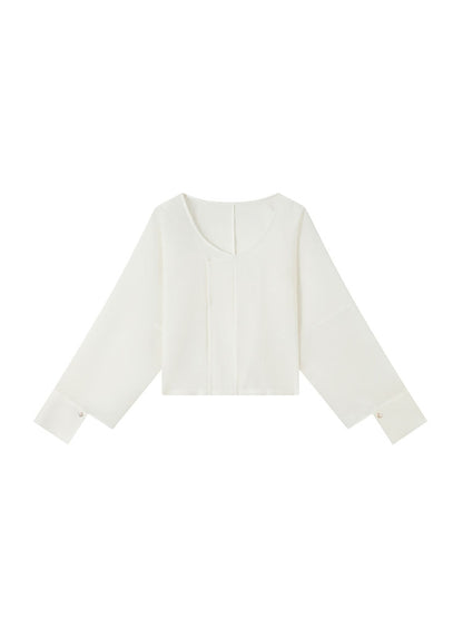 [YanBoHeYing] Solid Color Round Neck Side Slit Top