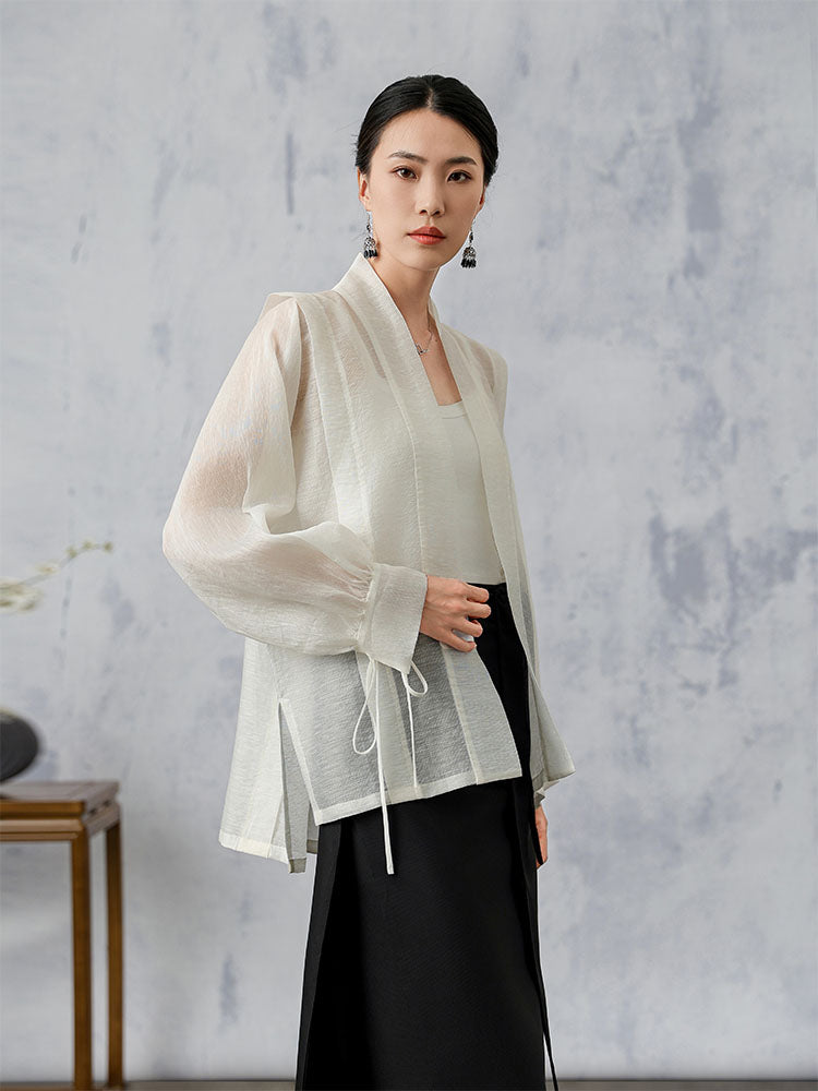 [YingJing] Striped Yarn Lace-up Cuffs Cardigan Top