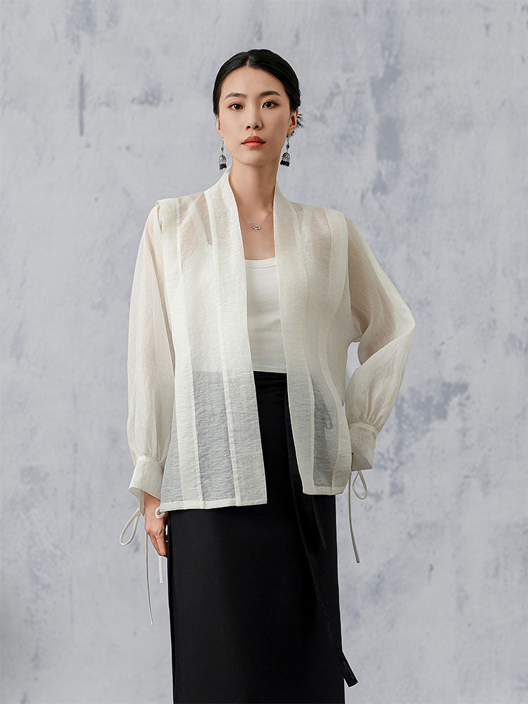 [YingJing] Striped Yarn Lace-up Cuffs Cardigan Top