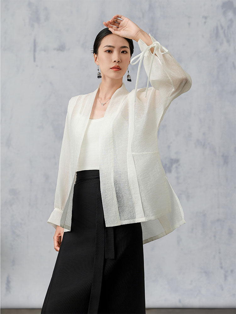 [YingJing] Striped Yarn Lace-up Cuffs Cardigan Top