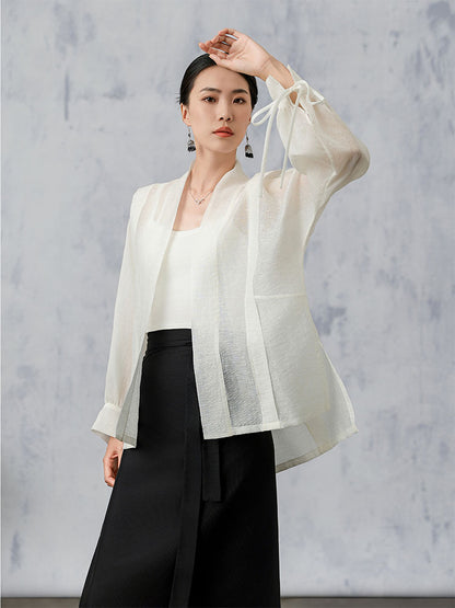 [YingJing] Striped Yarn Lace-up Cuffs Cardigan Top