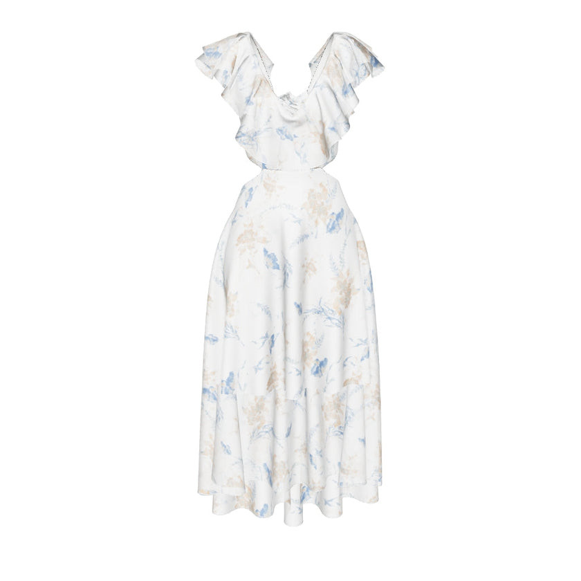 V-neck Ruffle Sleeves Backless Printed Dress